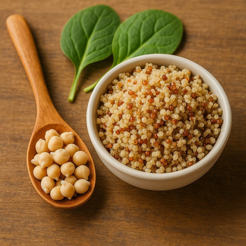 Ahşap kaşıkta nohut, beyaz kasede pişmiş kinoa ve yeşil yapraklar