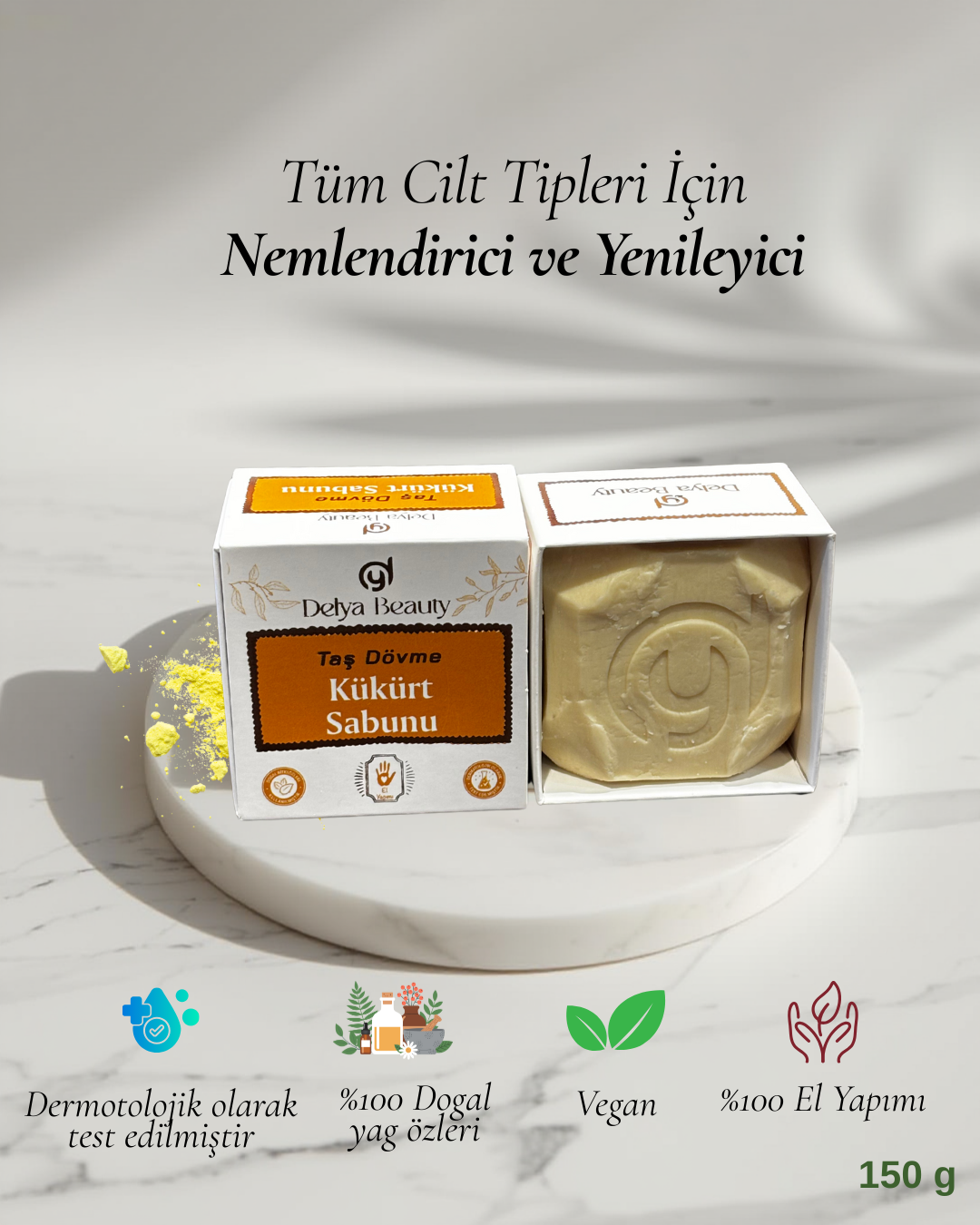 Delya Taş Dövme Kükürt Sabunu – El Yapımı Vegan Sabun | Saç ve Vücut