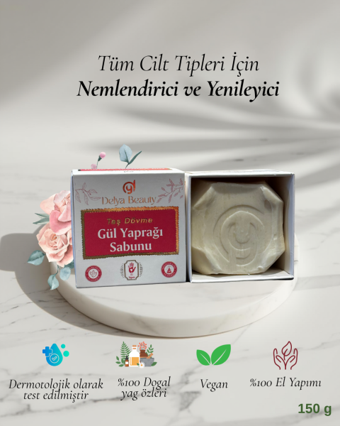 Delya Taş Dövme Gül Yaprağı Sabunu – Ferahlatıcı El Yapımı Vegan Sabun